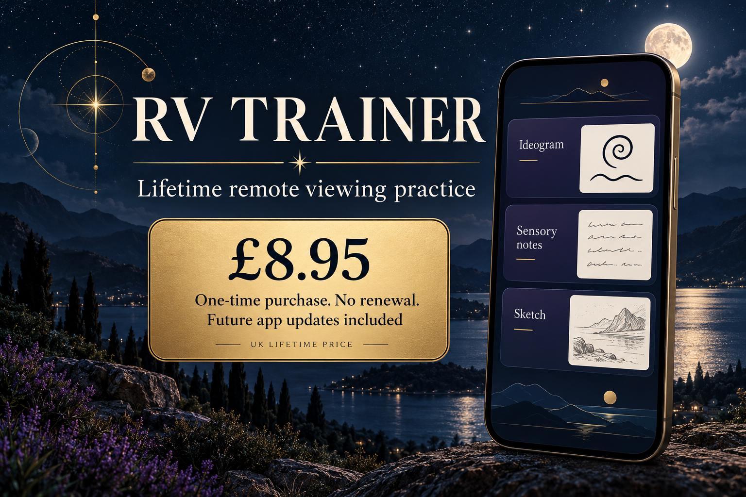 Illustrative RV Trainer artwork: Lifetime Premium £8.95 once. Coming soon, subject to Apple approval.